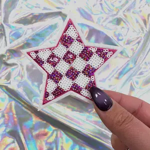 Pink Checkered Sequin Star Patch Iron-On for Hats