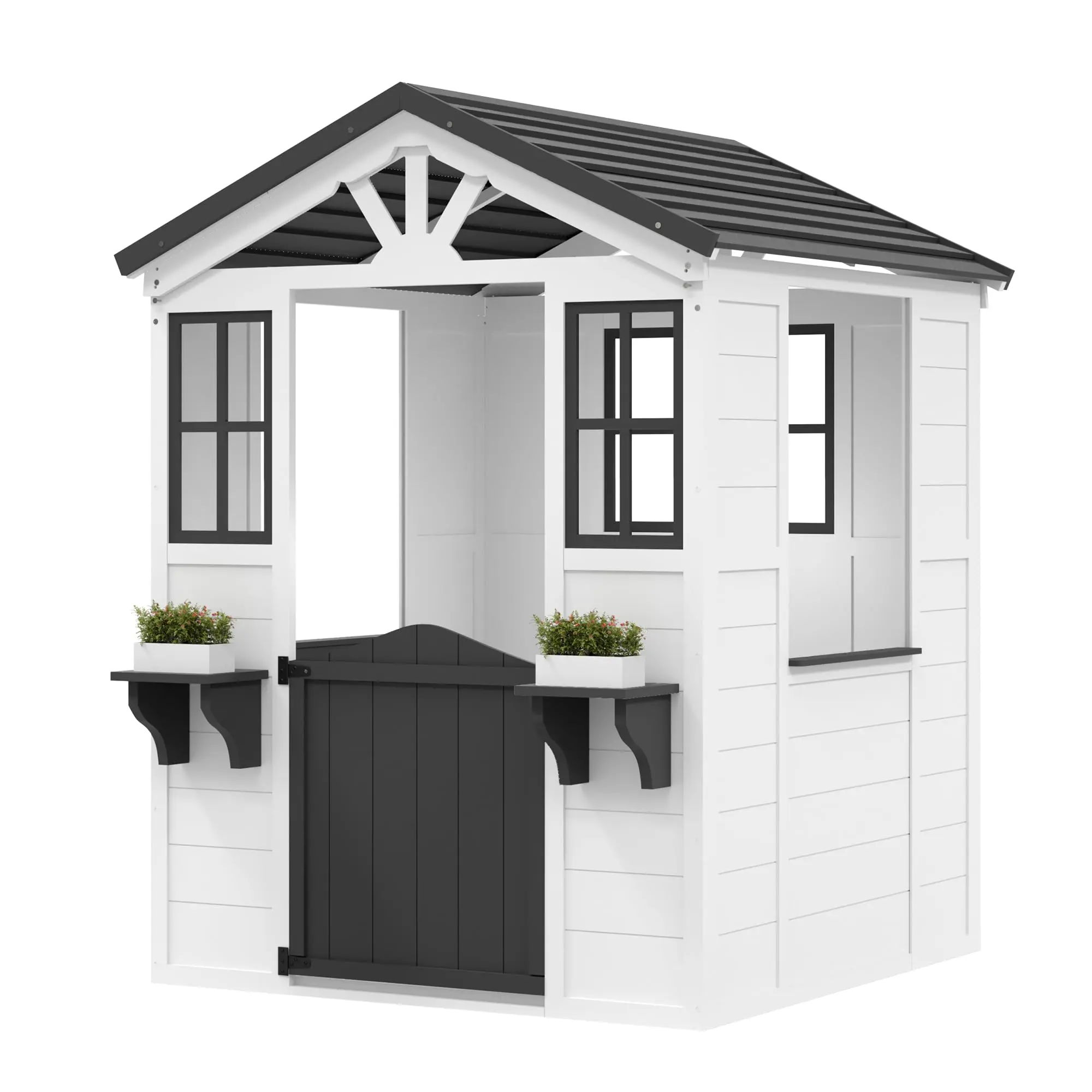 GAOMON Cedar Wooden Kids Playhouse with Play Kitchen, Wooden Adventures Cottage for Backyard, Outdoor Toddler Playhouse for Kids with Vinyl Roof,White