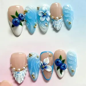 Cute Blueberry Floral Press On Nails 3D White Flower Pearl Shell Design Light Blue French Tip Handmade Reusable False Nails Sweet Coquette Aesthetic Acrylic Stick On Nails Trendy Summer Nail Art Full Set Salon Quality Glue On Nails for Girls