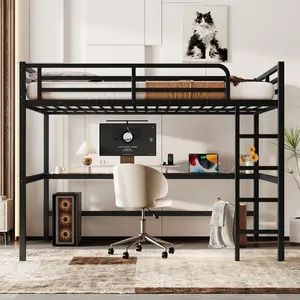 Metal Queen Size Loft Bed with Power Outlet and LED Lighted, Space-Saving, Noise Reduced, Black