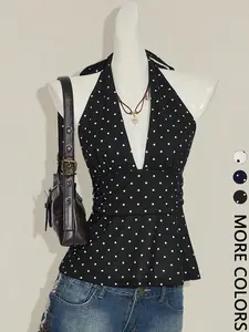 Women's Polka Dot Print Halter Top, Deep V Neck, Tie Back Closure, Adjustable, Ruched Waist, Multiple Color Options, Soft Breathable Fabric, Daily Casual Vacation Date Night Wear & halter tops