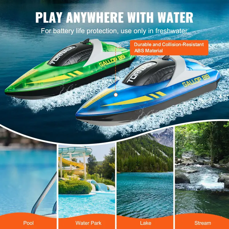VEVOR 2-Pack RC Speed Boat, 2.4GHz 12km/h Racing Boat with 1200mAh 4 Rechargeable Batteries (80 Min Run Time), 50m Range, LED Light, Waterproof, Dual Motors, Auto Power-Off, for Pools & Lakes, Back-to-School Gift for Kids 6–8 Years, Blue