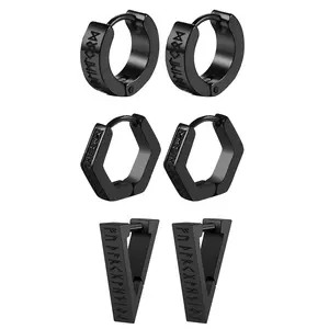 OIDEA Men's Earrings, 3 Pairs Stainless Steel Nordic Viking Rune Huggie Hoop Earrings, Geometric Norse Hoops for Men