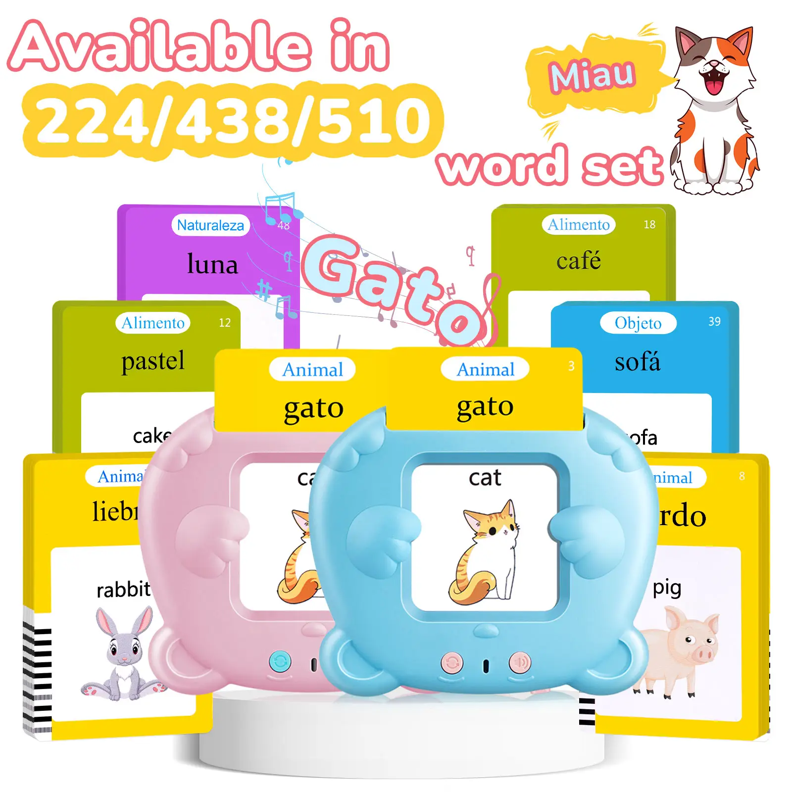 AHJ Bilingual Talking Flash Cards – Spanish & English Montessori Learning Toy for Toddlers Ages 1–4, Available in 224, 438, or 510-Word Sets, Reusabl
