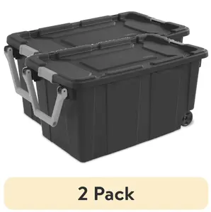 (2 pack) Sterilite Large Industrial Wheeled Plastic Container, 40-gallon capacity, made of durable plastic, with lockable lid and pull handle, dark grey.
