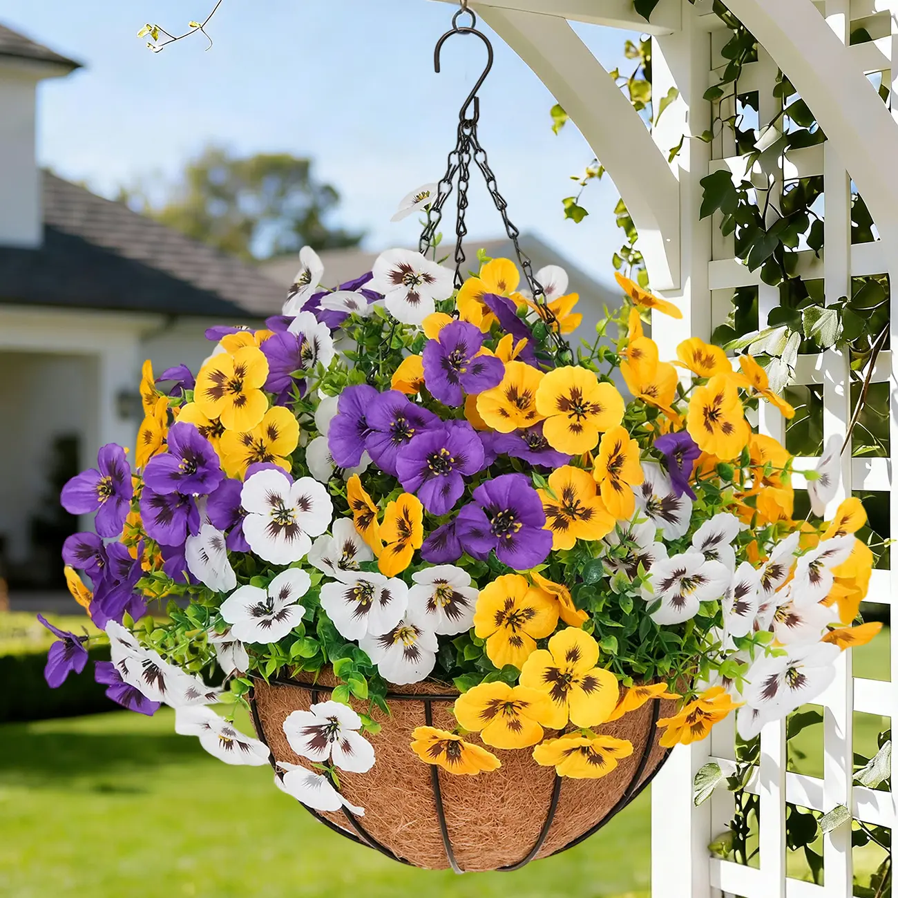 2Pcs UV-Resistant Outdoor Indoor Hanging Flower Baskets, Artificial Flowers for Outside, Pansy Hanging Planter, No-Fade Floral for Porch, Garden, Balcony & Fence Decor