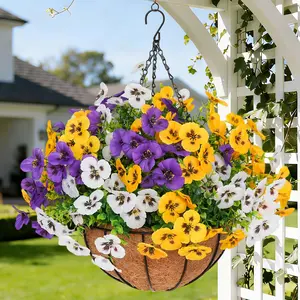 2Pcs UV-Resistant Outdoor Indoor Hanging Flower Baskets, Artificial Flowers for Outside, Pansy Hanging Planter, No-Fade Floral for Porch, Garden, Balcony & Fence Decor