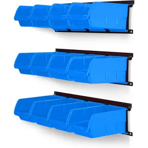 Ultrawall Wall Mounted Storage Bins, Plastic Hanging Storage Organizer Bins, Garage Tool Storage System for Screws, Nuts, Bolts, Nails, and Small Hardware Parts, 12x bins & 3 x rails, Blue