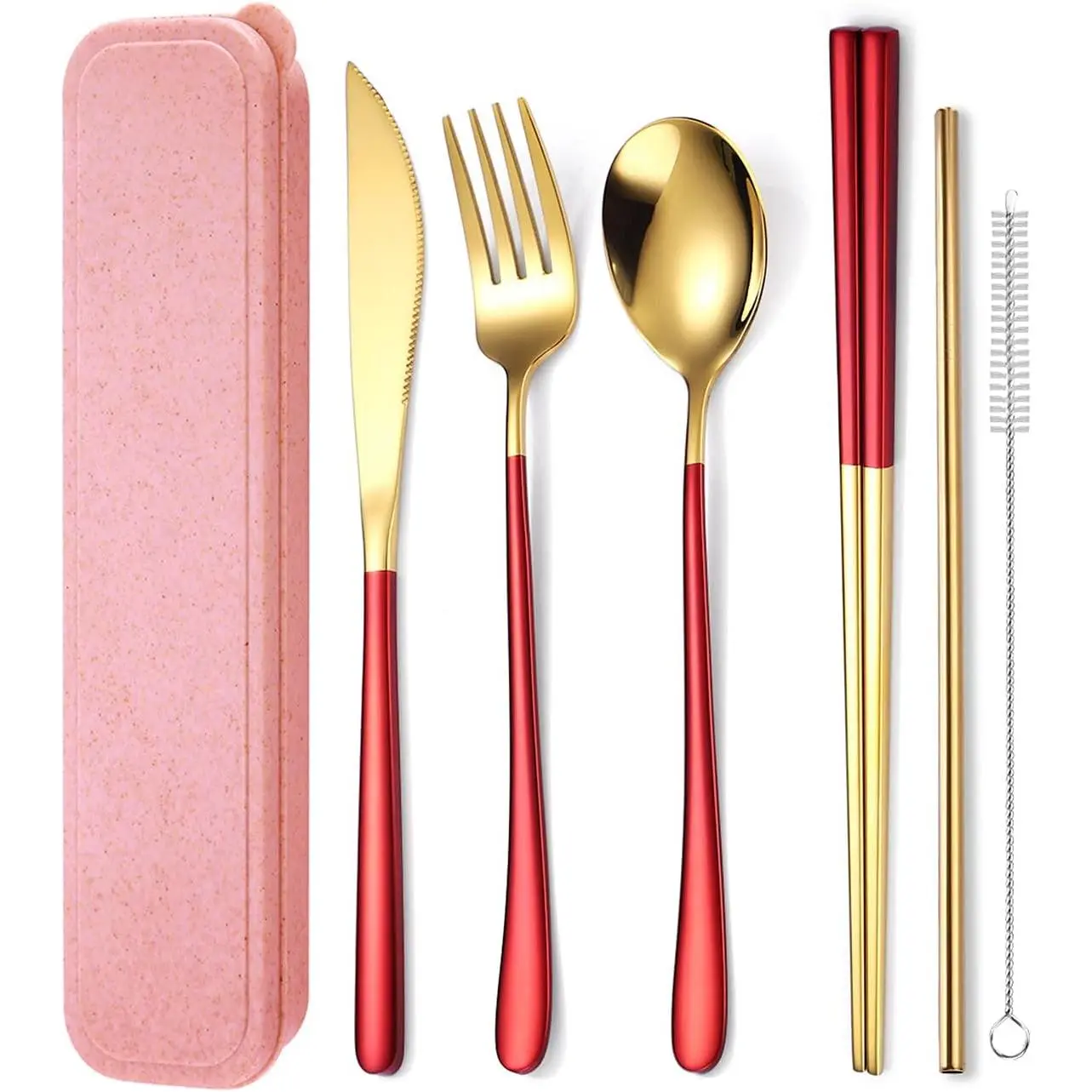 6 count 18/8 Stainless Steel Flatware Set Portable  Cutlery Set Travel Utensils Set Including Chopsticks  Fork Spoon Straws Cleaning Brush Dishwasher Safe (Red golden)