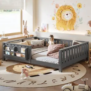 Full Size Floor Bed Frame with Storage built-in bookshelf and high-quality safety guardrail, for Kids Girls Boys, No Box Spring Needed, Gray