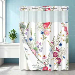 1PC double-layer large ring shower curtain, colorful floral patterns, quick drying, bathroom, bathroom decoration accessories, waterproof, mildew proof, Restroom Bathroom Accessories