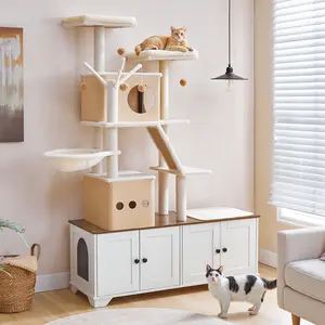 HOOBRO Double Litter Box Enclosure with Cat Tree, 45.3" L x 17.7" W x 68.9" H All-in-One Modern Cat Tower with Bed, Hidden Litter Box Enclosure Furniture, with Hammock, Sisal Posts, White