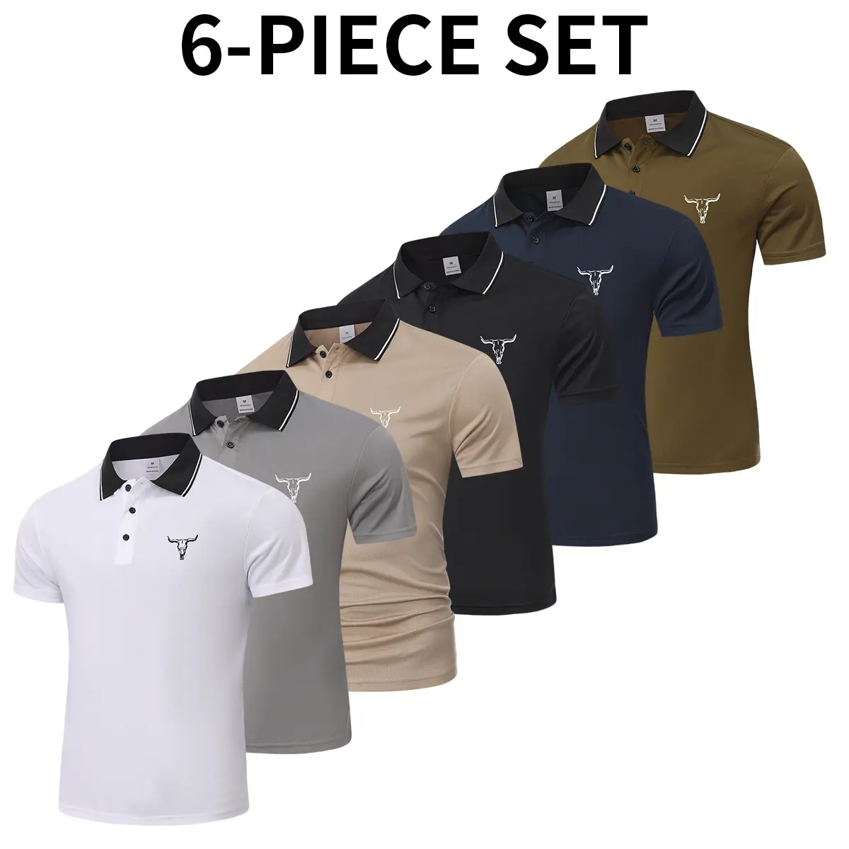 6PCS Men’s Golf Polo Shirt Set, stylish logo print, slim fit trendy casual geometric pattern, breathable stretchy fabric, comfortable for all seasons, stand collar polo shirt