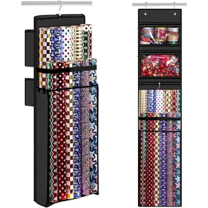 Wrapping Paper Organizer Storage, Double-Sided Hanging  Wrap Roll Holder for Christmas, 63"x13" Over Door Present Bag Container for Room Closet, Black Wrapper Station for Birthday