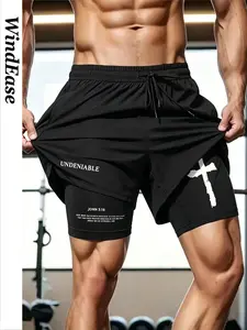 Men's Dual-Layer Cross Print Gym Shorts, Workout Impact Shorts, John 3:16 Bible Verse Running Pants, Gym Training Short with Pockets, Faith Theme Apparel