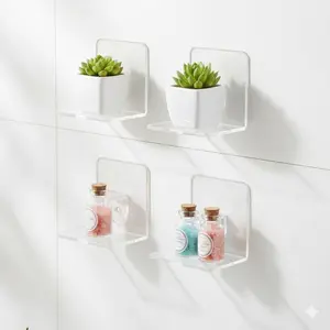 No Drill Shelf Brackets: Strong Adhesive Wall Mounts for Kitchen Bathroom Closet Storage. Reusable Space Savers with Heavy Duty Anti-Slip Hold, Waterproof & Secure Grip for Multi-Surface Hanging Support.