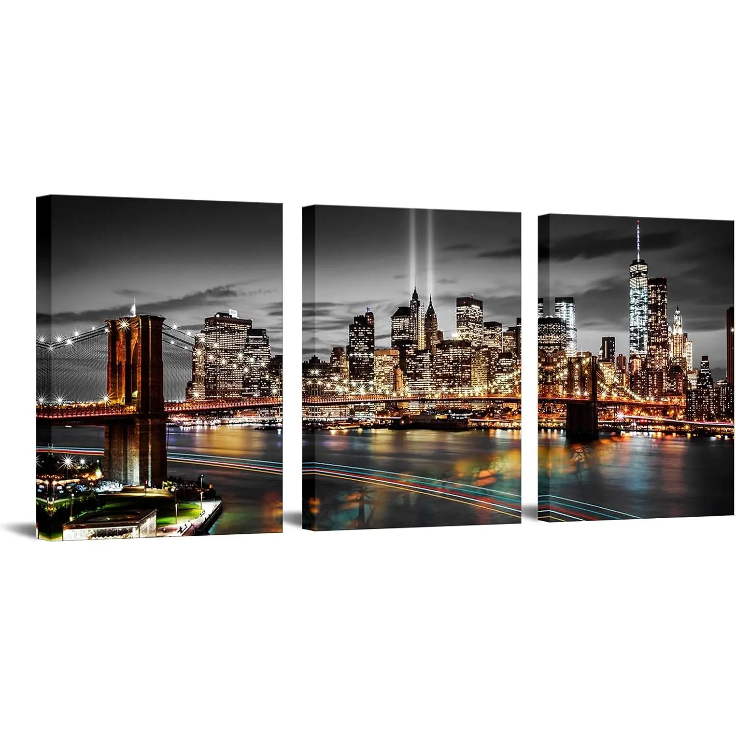 12x16 in Brown Framed 3-Panels Brooklyn Bridge Canvas Wall Art Print - Black and White with Teal Night Skyline, Modern Easy-Hang Decor for Home Living Room, Classroom