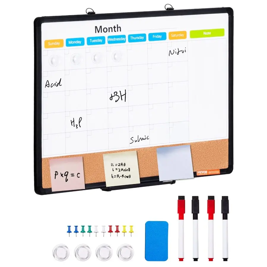 VEVOR 24x18 in 2-in-1 Magnetic Dry Erase-Cork Combo Board, Aluminum Frame Wall-Mount Magnetic Board with Dry Erase Surface for School, Office Use
