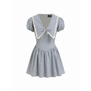 Cider Cotton Gingham Puff Sleeve Asymmetrical Babydoll Mini Dress