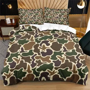 Vintage Hunting Camouflage Duvet Cover Set with 1-2 Pillowcases No Core, Olive Green, Brown Camo Base with Duck Silhouette Patterns, Soft Touch Bedding, American Outdoor Style Bedroom Decor, Gift Idea