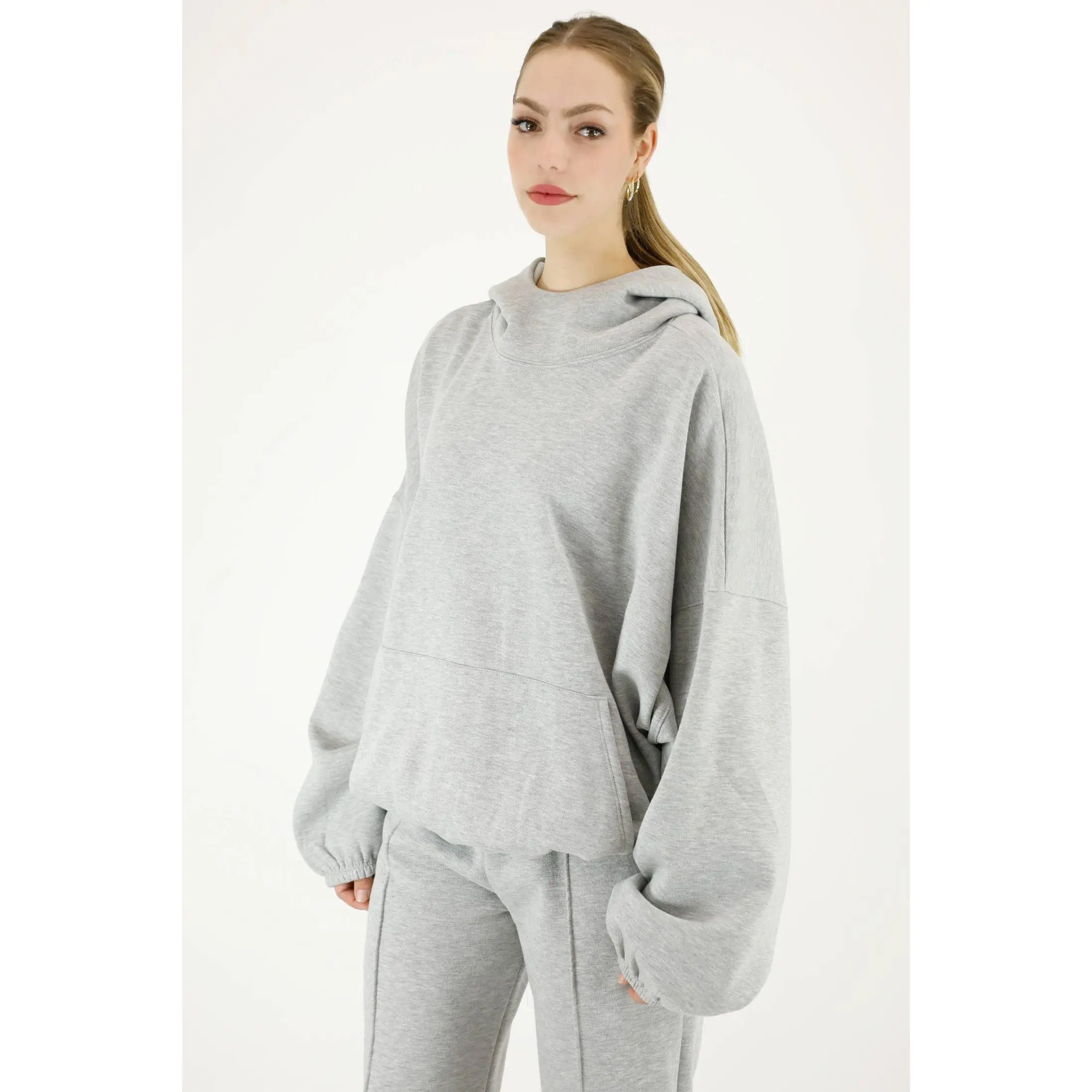 UNISEX relaxing fleece oversized high neck puffy sleeve hoodie