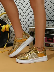 Women's Sequined Low-Top Skate Shoes, Streetwear Shoes, Breathable Comfortable Round Toe Sneakers for All Seasons, Casual Street Style Walking Shoes Footwear