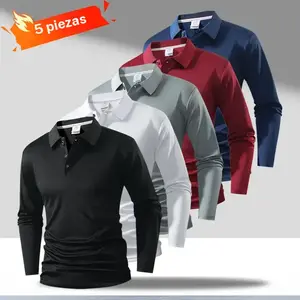 Men's Solid Long Sleeve Polo Shirt Five Pack, featuring a business casual style, breathable and skin friendly fabric, button collar design, slim fit, suitable for men who prefer a simple look for daily commutes or business Slim Fit Wrinkle Proof Polo Tees