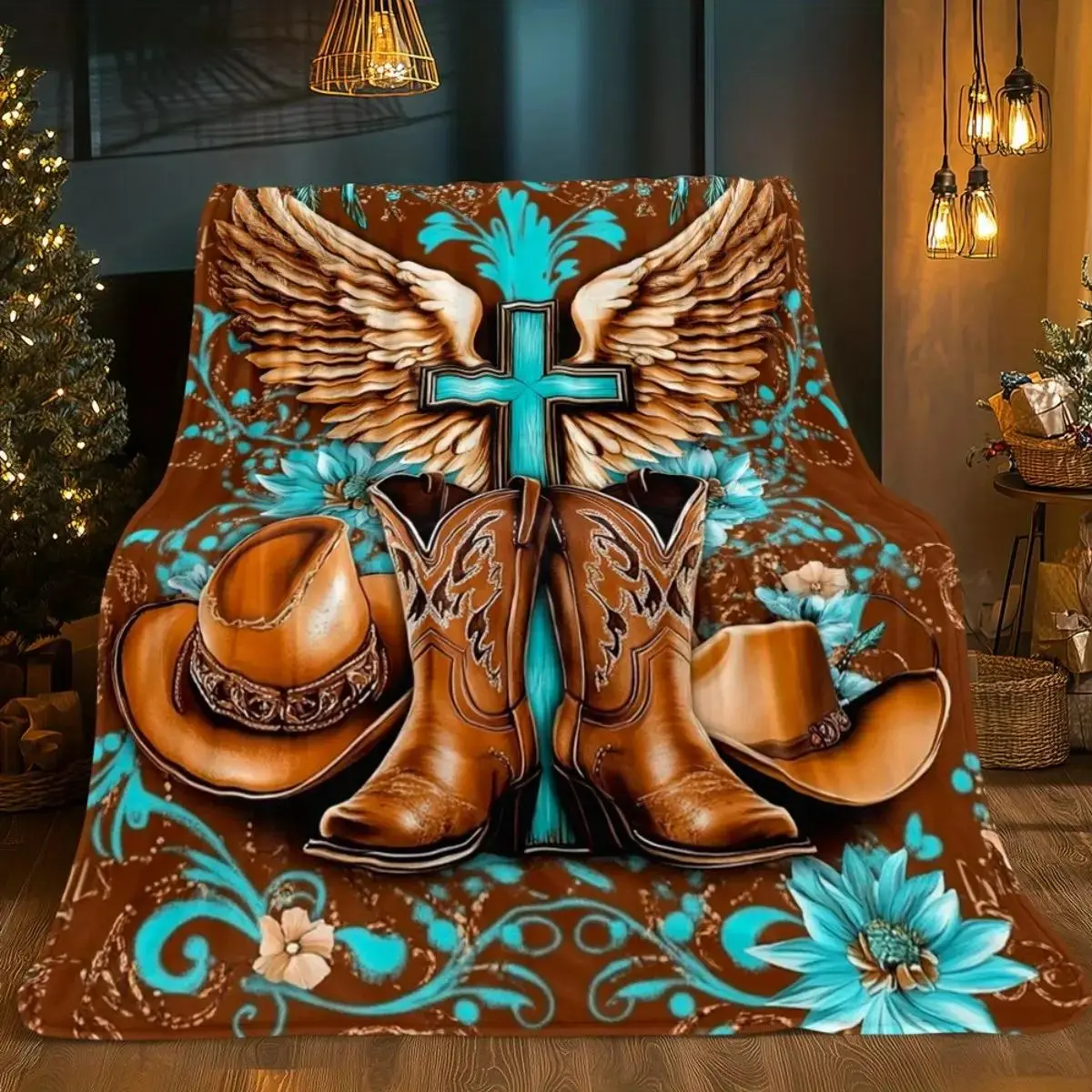 Western Cowboy Angel Wings & Cross Print Flannel Throw Blanket - Soft Warm All-Season Blanket for Sofa, Travel, Camping, Bed - Fantasy Western Decor with Vibrant Digital Print,  Durable & Cozy