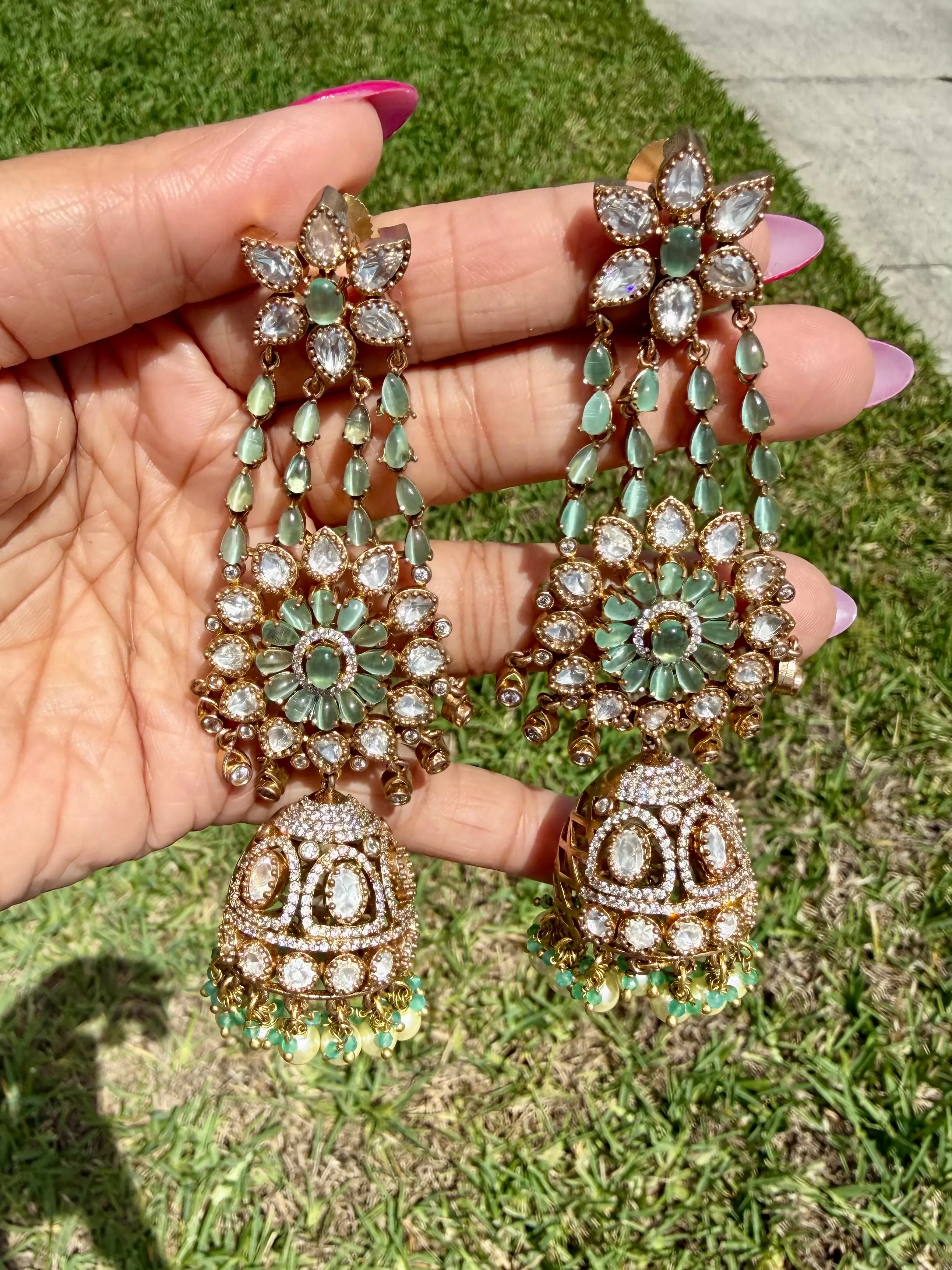 Tyaani Kundan Long Jhumki with Pota Doublet Stone
