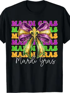 Mardi Gras Festive Black T-Shirt for Kids - Colorful Vertical Mardi Gras Text with Glittery Bow and Fleur-de-Lis Design, Cute and Fun Tee for Carnival Celebrations and Family Gatherings