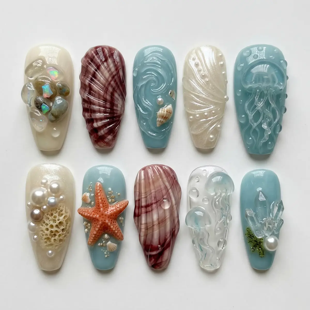Seashell Opal Press On Nails | Handmade 3D Pearl Shell Nails | Iridescent Ocean Princess Almond Nails | Luxury Beige Blue Mermaid Nail Box with Gift Set (Adhesive Tabs, Nail File, Cuticle Stick)