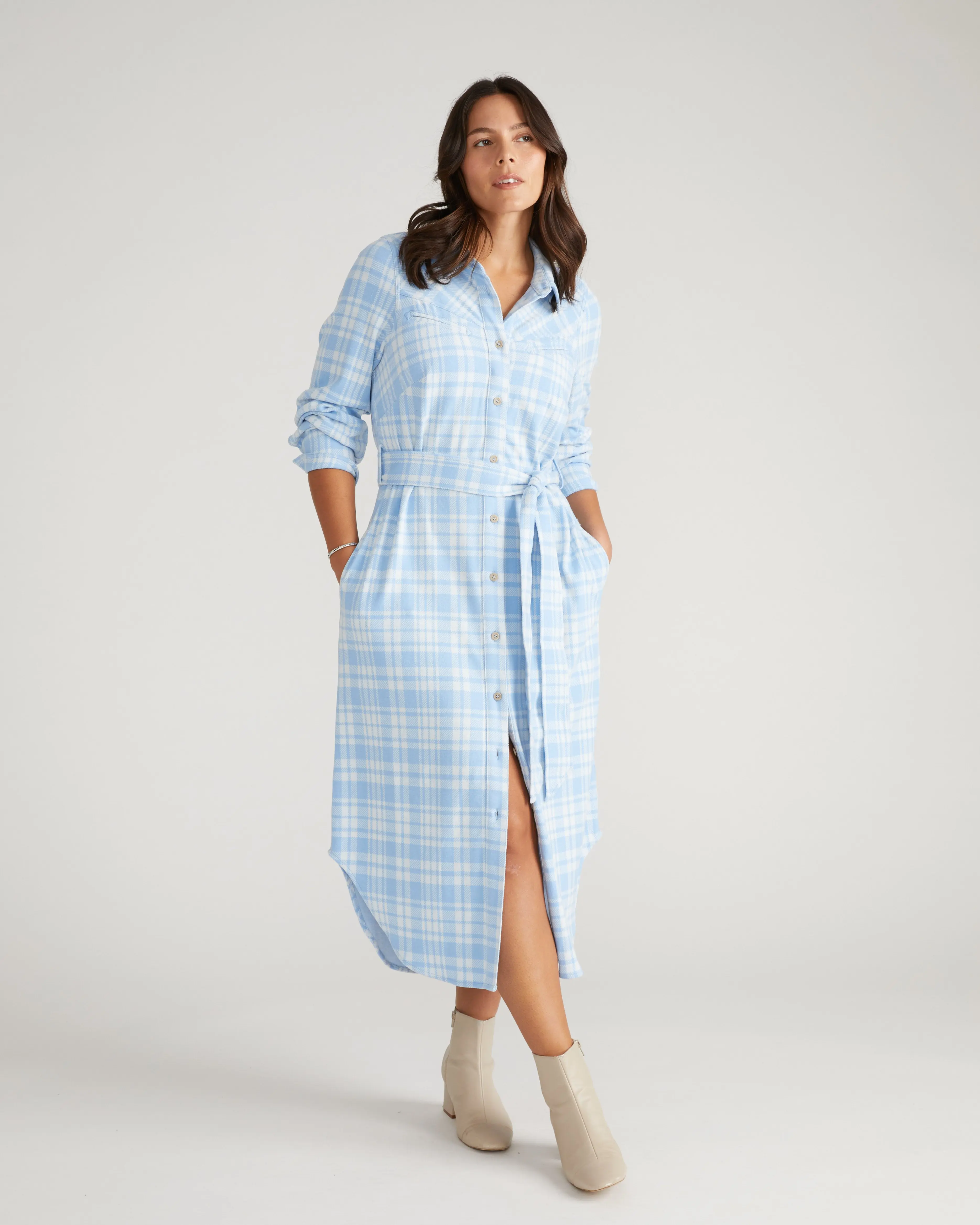Women's Plaid Stretch Flannel Shirtdress - Casual Collared Long-Sleeve Button-Front Midi Dress with Belt, Pockets, Hidden Snaps, Cozy Fall Knit, Plus Size, Soft Ease, Straight Cut