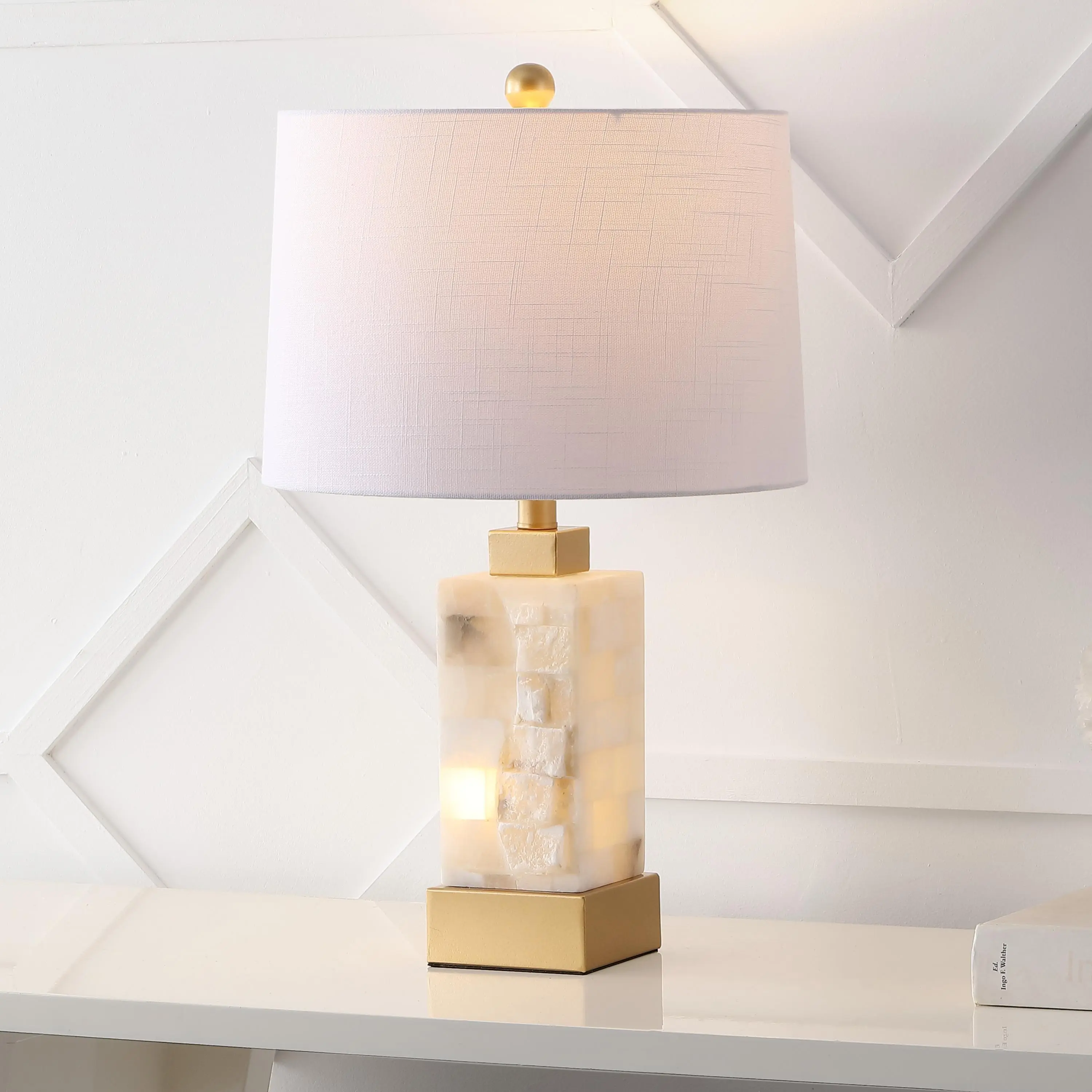JONATHAN Y Eloise 2-Light Alabaster Table Lamp 23" | Integrated Night Light Base, Metal Accents, Linen Drum Shade, Modern Coastal Bedside Lighting, LED Bulbs Included, Room Decor, Type A