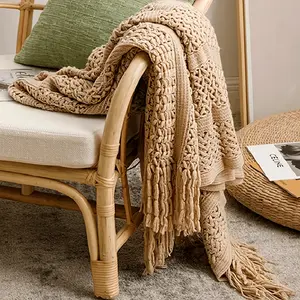 Soft Cozy Throw Blanket - Lightweight Acrylic Knit Farmhouse Geometric Tassel Blanket, Available in Khaki, Cream, White, Machine Washable, Warm Decorative Bedding for Couch, Bed, Suitable for Adults, Home Supplies, Bedroom Inspo