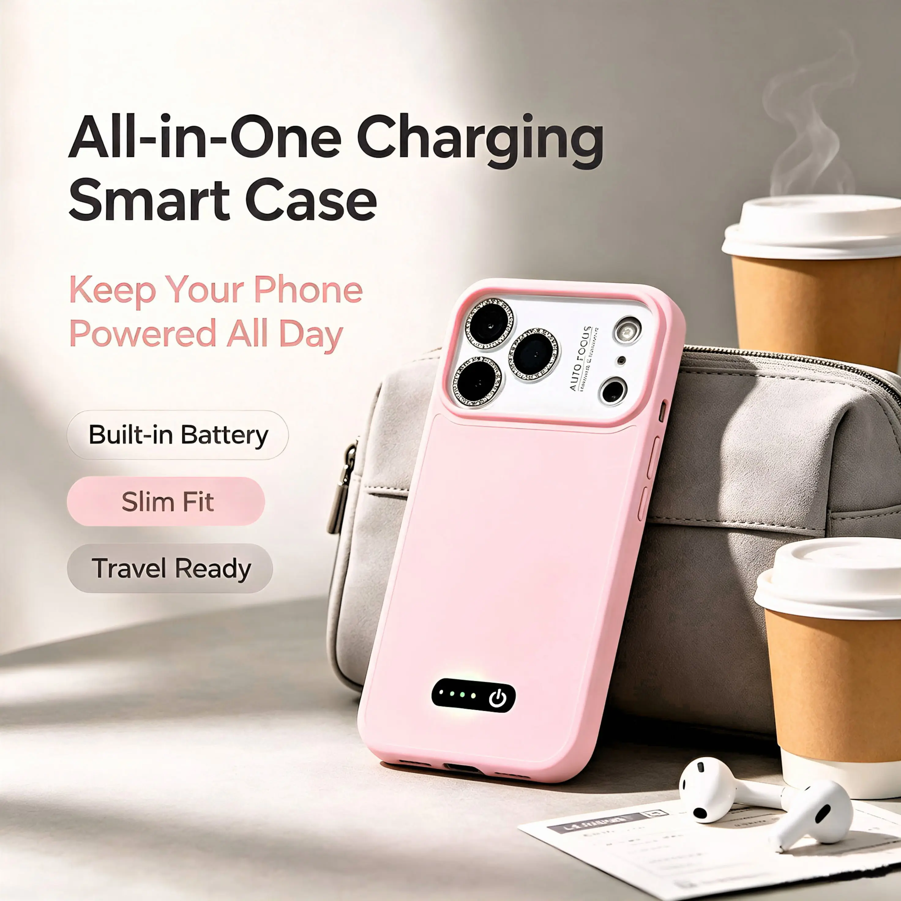 Mobile phone case with built-in power bank and liquid silicone coating. Lightweight, shock-resistant, with a smooth and elastic touch.