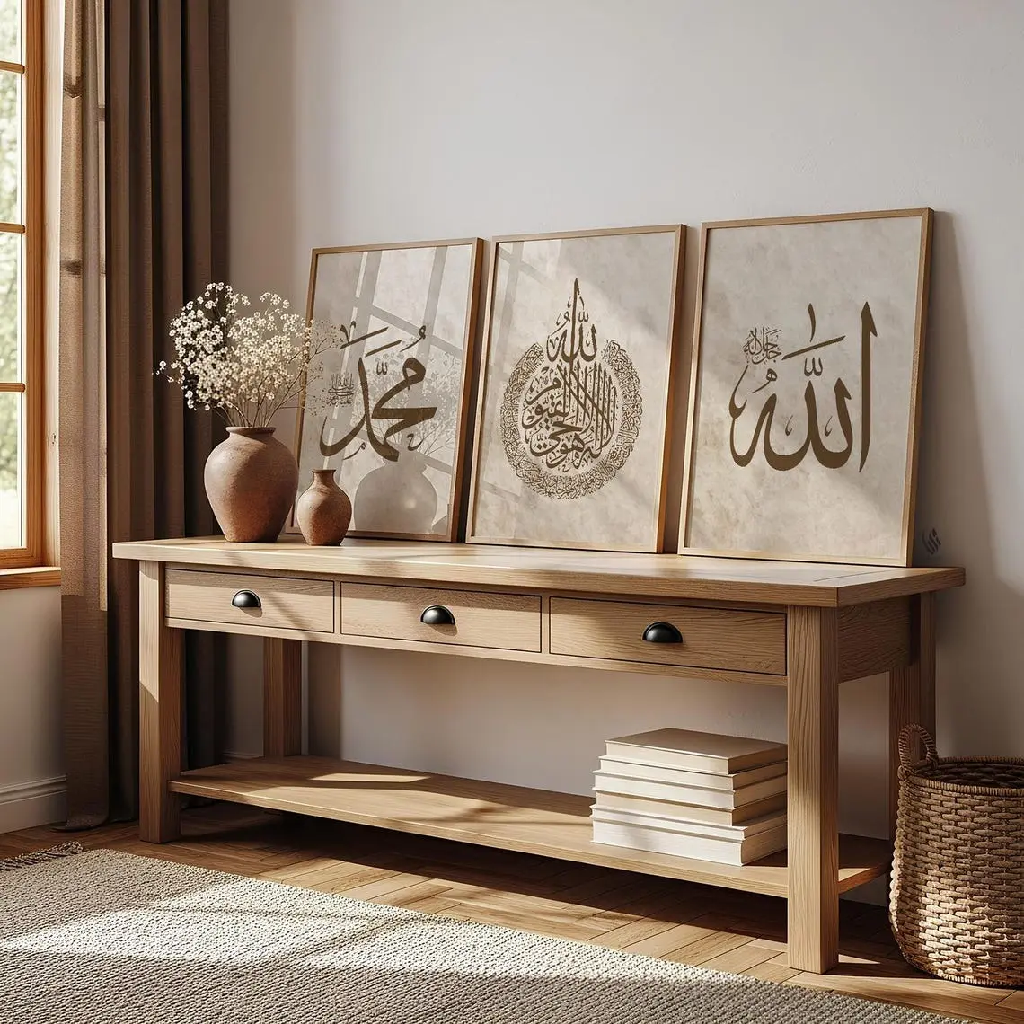 Set of 3 Beige and Brown Arabic Calligraphy Poster Wall Art Prints, Islamic Home Decor, Allah Ayatul Kursi Muhammad Muslim Art Set