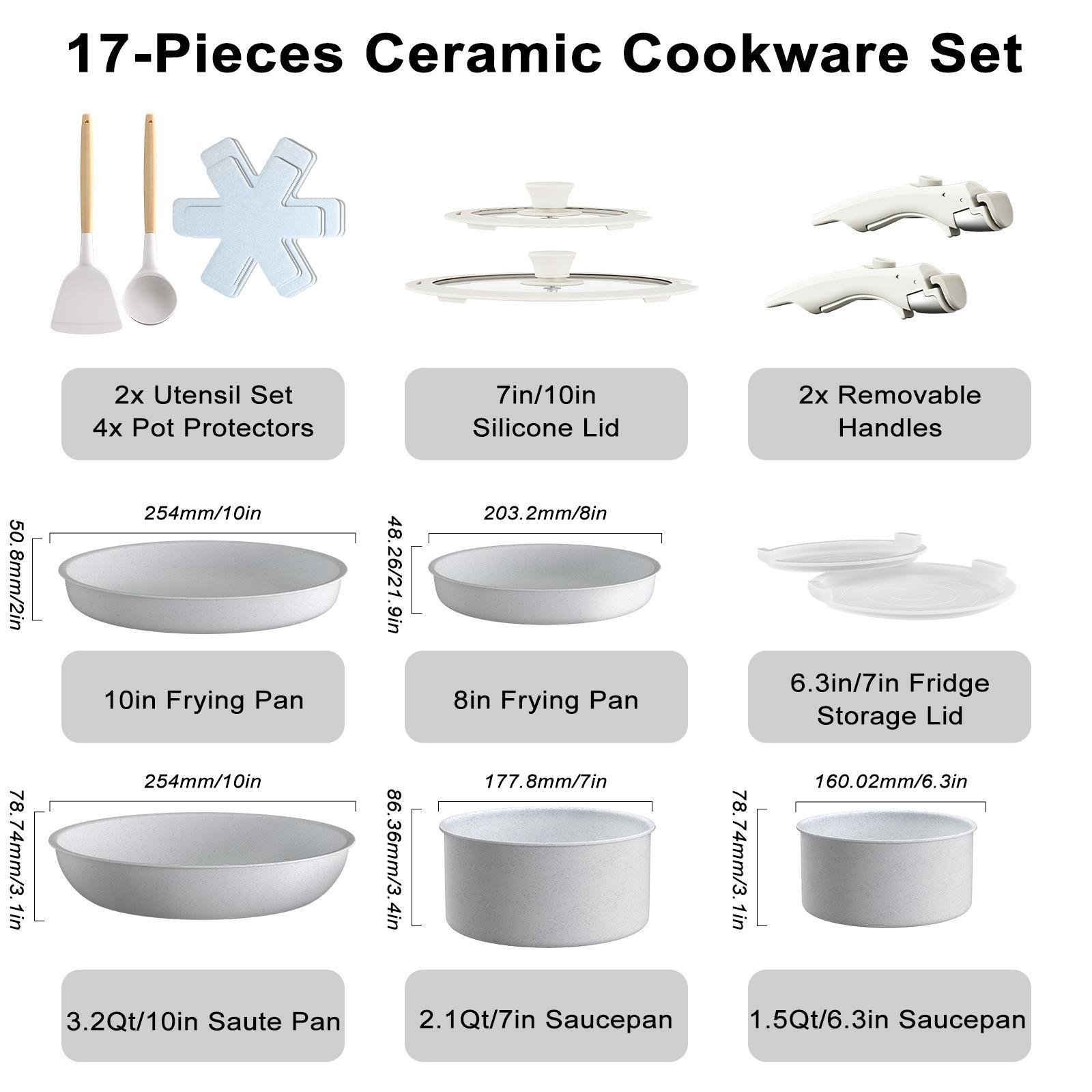 17pcs Pots and Pans Set, Non-Stick Cookware with Removable Handle,Frying Pan,Saucepan,Milk Pan,Silicone Glass Lid,Oven Safe,RV Cookware Set,Best Gift