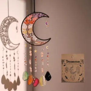 Dreamocean 7 Chakra Crystal Wind Chimes - Moon Tree of Life Dream Catcher, Suncatcher Prisms, Hanging Ornaments with Crystal, Agate, Moon-Themed Designs for Yoga Meditation, Room Decor Gifts for Adults, Crystal Hanging Decor