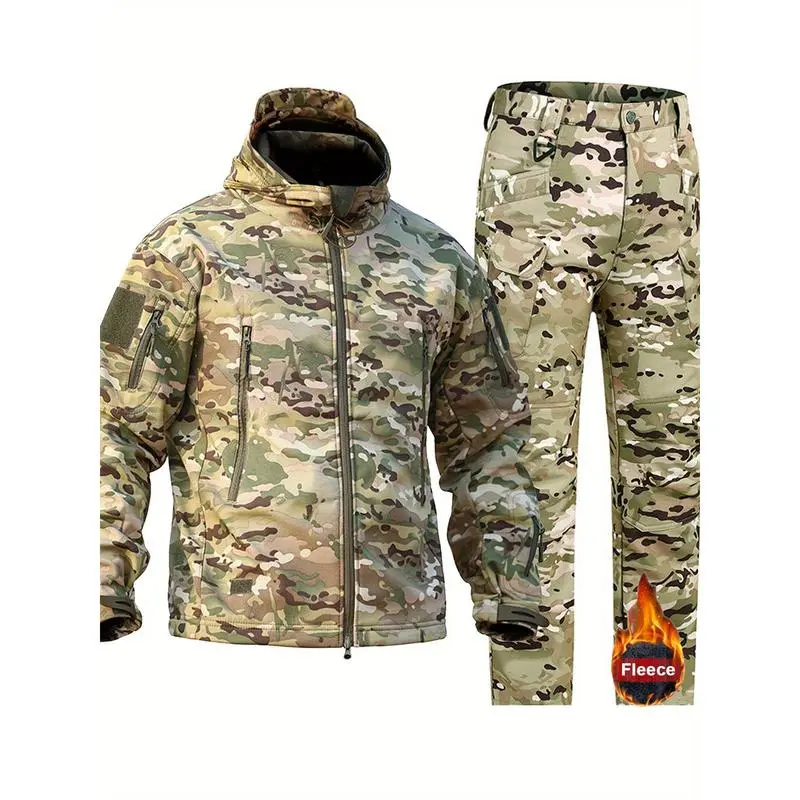 Men's Camo Sharkskin Jacket & Fleece-Lined Pants Set - Windproof, Warm Hooded Outfit for Hiking, Hunting & Outdoor Adventures Athletic Fashion Activewear office sport lingerie lace bodysuit