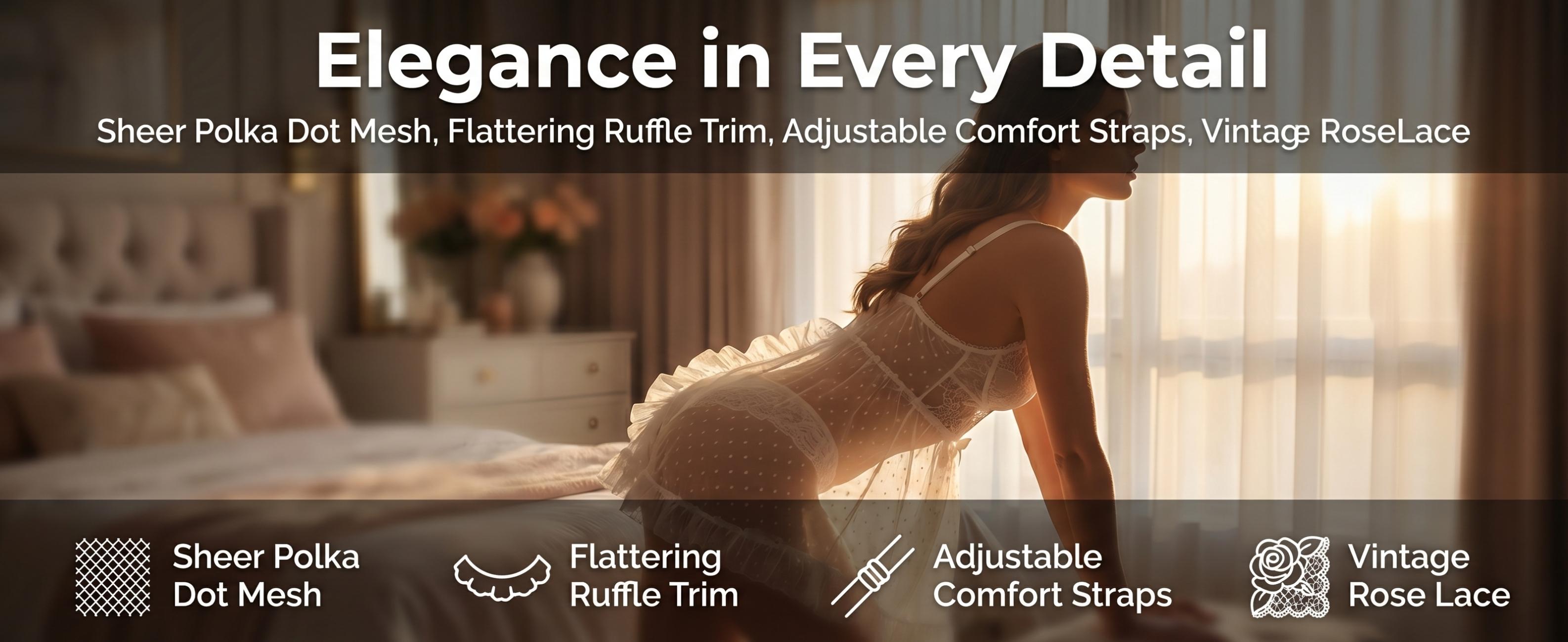 SILIX Elegant White Polka Dot Mesh Babydoll Set | Sexy Lace Trim Lingerie with Ruffled Hem | Bridal Lingerie Nightwear for Honeymoon & Wedding Night | Romantic Gift for Her Sexy Feminine Lingerie Set Underwear