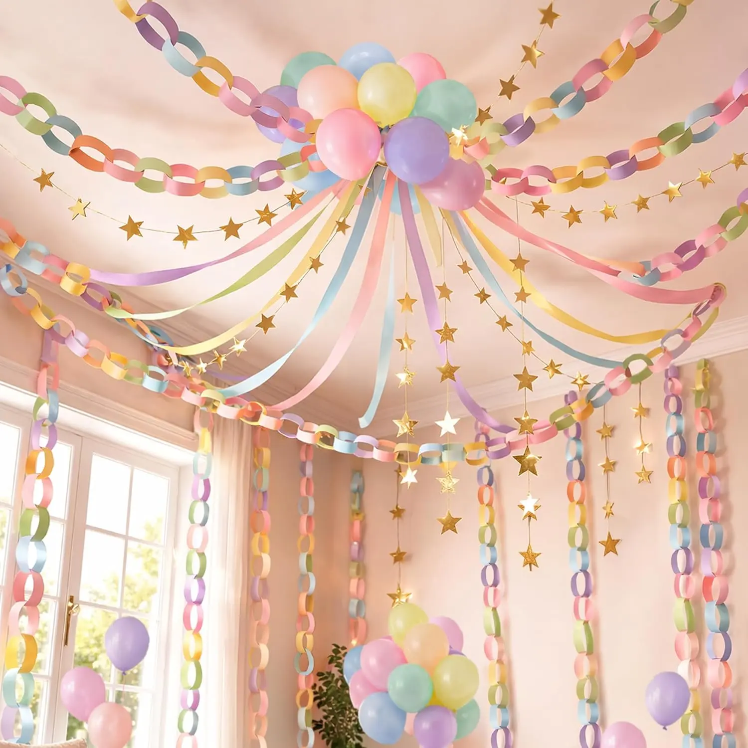 Pastel Birthday Party Decorations Set - Shiny Glitter Star Garlands, Paper Streamers, Colorful Balloons for Birthday, Wedding Party Decor & DIY Crafts, Photo, Baby Shower, Crepe Paper, Hanging Decor, Kit, Paper Chains