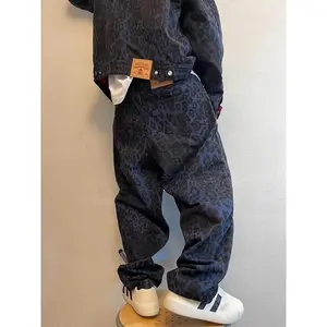 Dark Blue Leopard Print Streetwear Jeans for Adults - Loose Fit Washed Denim Pants with Animal Print, Machine Washable & All-Season Comfort, Style Statement Clothing | Durable Fabric