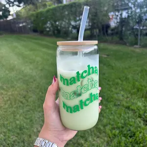 Set of Ice Tea Matcha Coffee Glass Straw Cups with Lid and Straw, Beverage Juice Straw Cup, Cafe Latte Pull Cup, Restaurant Glass Straw Cup