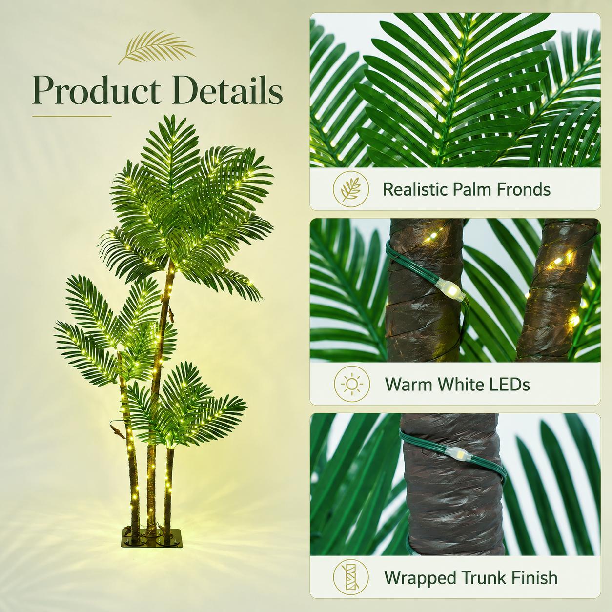 5-foot or 6-foot plastic LED faux palm tree — plug-in colorful outdoor landscape ambient light, tree-shaped Hawaiian-themed decor, suitable for outdoor patios, holiday parties, outdoor landscape lighting, and ambient lighting