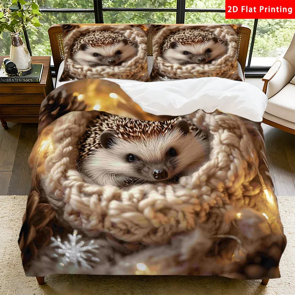 2/3 Pcs 2D Flat Hedgehog Themed Duvet Cover Set Hedgehog Bedding Set Quilt Cover 1 Duvet Cover + 1/2 Pillowcases Pinecone and Snowflake Decorated Top Sheet Decorative Bedding Bedroom Decor