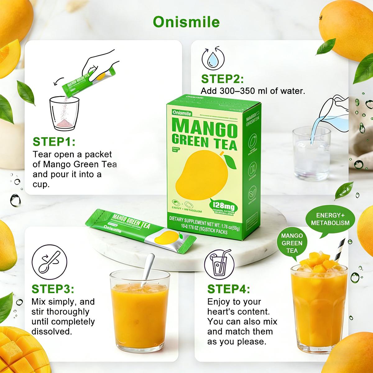 【Onismile】 Refreshing High-Energy Mango Green Tea - Contains natural extracts to boost energy and keep you alert. Zero sugar and low calories. Refreshing and sweet aftertaste.