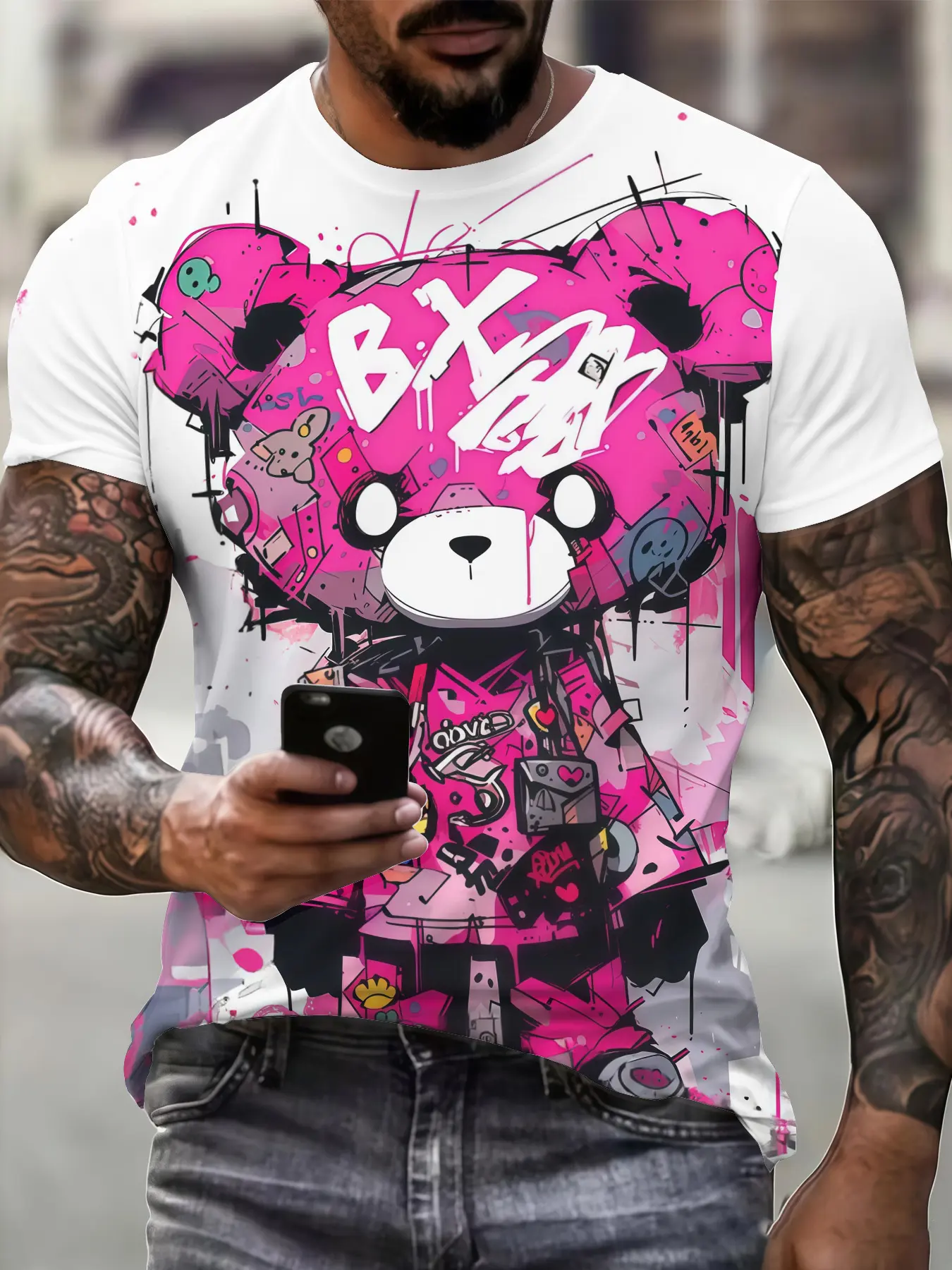 Men's Cyber Pink Bear Knit Stretch Fabric T-Shirt - Short-Sleeve Round Neck Top with Full-Body Digital Futuristic Bear Print, Machine-Washable Casual Wear for Parties & Themed Events, Sportswear, Shortsleeve, Tshirt, Menswear