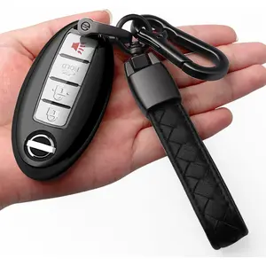 Compatible Nissan Altima Maxima Rogue Armada Pathfinder Key Fob Cover with Leather Keychain, Black, 4-Button, TPU Material, 360 Protection