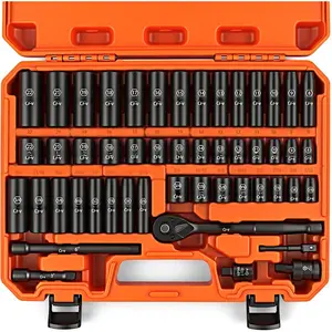 3/8" Drive Impact Socket Set, Standard SAE (5/16 to 3/4 inch) and Metric (8-22mm) Size, 6 Point, Cr-V, 3/8-Inch Drive Ratchet Wrench, Drive Extension Bar, Impact Universal Joint