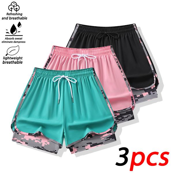 3-pack women’s dual-use running shorts with built-in lining; quick-drying, breathable fitness shorts with pockets, suitable for sports training. dolphin